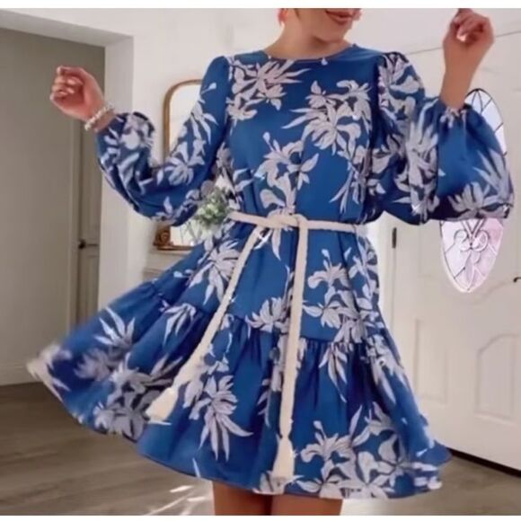 Alexis X Target Blue White Floral Long Sleeves Tiered Satin Mini Dress M - Picture 4 of 13